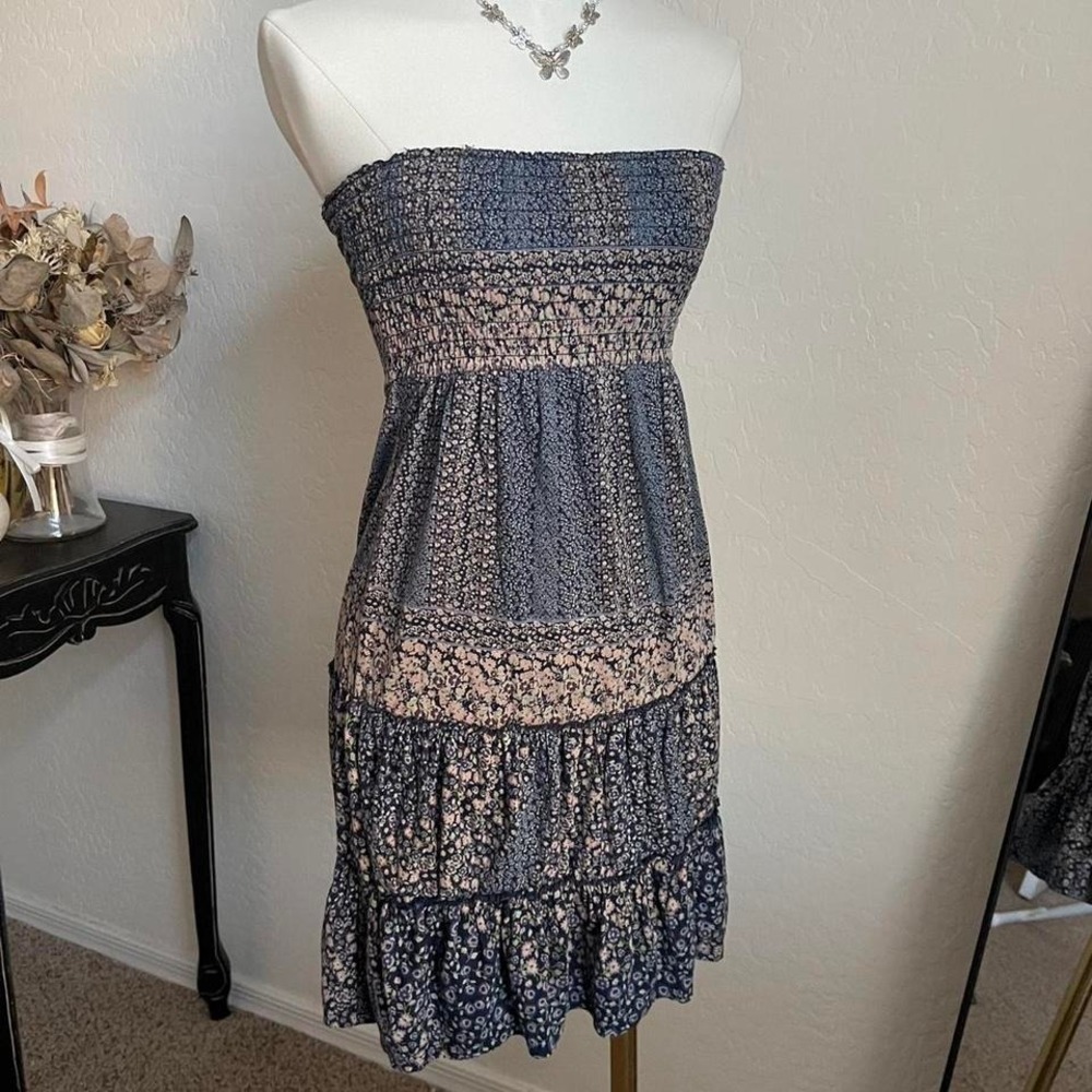 Express Strapless Navy and Cream Floral Tiered Dress